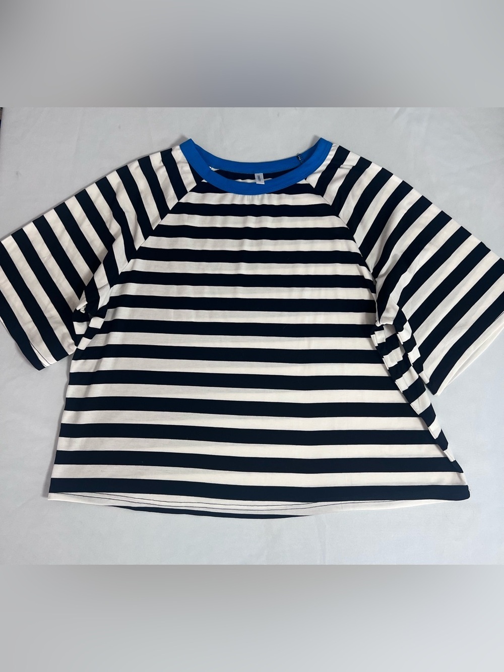 Striped Black and White Raglan Top with Blue Trim